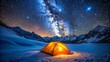 © Man888 - Serene Orange Tent Nestled Under a Beautiful Starry Sky on a Snow-Covered Mountain, Perfect for Winter Adventure and Camping Photography