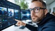 © maesarin - Bearded male professional with eyeglasses sitting at his desk and editing video footage using multiple computer screens in a modern office workspace  The man appears to be a video editor