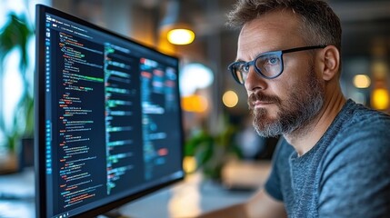 Wall Mural - concentrated computer programmer coding and analyzing data on multiple screens in contemporary offic