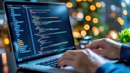 Wall Mural - close up view of a programmer s hands typing on a laptop keyboard with lines of code displayed on th