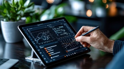 Wall Mural - Close up view of a person s hand using a digital tablet to analyze financial data and market trends displayed on the screen in a modern office or workspace setting