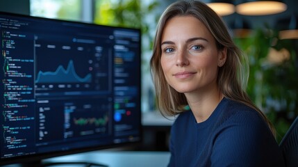 Portrait of a confident and enthusiastic female IT professional analyzing data and statistics on a computer screen in a modern office setting showcasing her expertise in technology