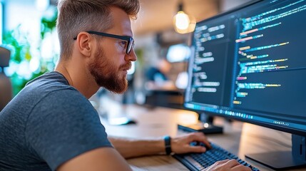 Focused male developer analyzing complex code and programming on laptop in a modern office workspace or coworking space  Software engineer or IT professional working on website development