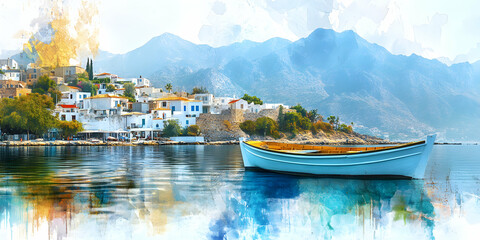 Wall Mural - Coastal Village Watercolor, Tranquil Boat in a Picturesque Harbor, Mountains in Background, Serene Atmosphere