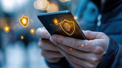 Wall Mural - closeup view of a smartphone or mobile device screen displaying a security shield icon and lock symb