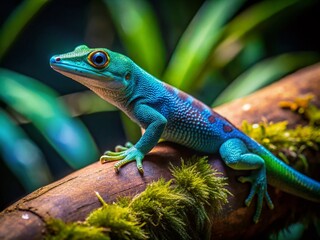 Wall Mural - Stunning Night Photography of a Turquoise Dwarf Gecko, Lygodactylus williamsi, Captured in Its Natural Habitat at Jersey Zoo Amidst Lush Greenery and Soft Moonlight Glow