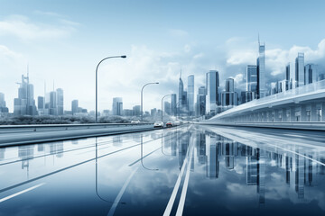 Wall Mural - City skyline and reflective glass road