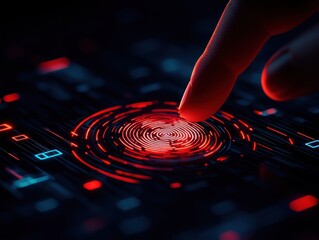 anti tracking anonymity concept. a close-up of a finger touching a glowing red fingerprint scanner, 
