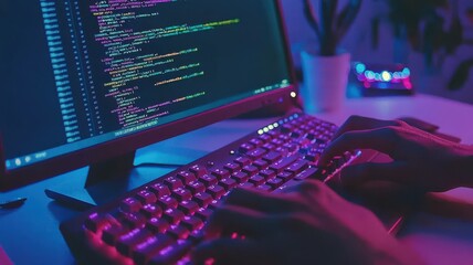 Wall Mural - close-up of hands typing on a keyboard with colorful coding screen.