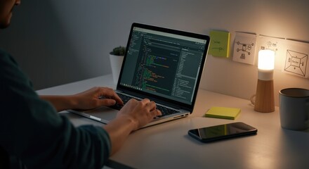 Person coding on laptop, working with programming software in dimly lit room