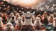 © Alexandra Adele - Goat in colorful headband and yoga pants leads a flock of sheep in sunset yoga session in the mountains