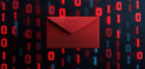 Leinwandbilder - Red envelope digital backdrop concept. A digital representation of a red envelope against a backdrop of binary code, symbolizing communication and data exchange in a high-tech environment.