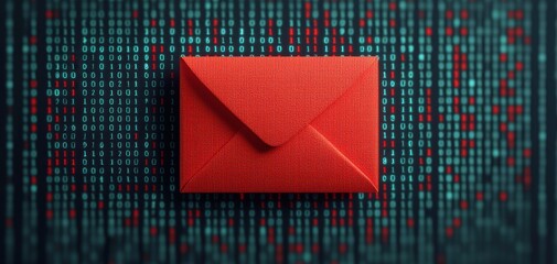 Fototapete - Red envelope digital backdrop concept. A red envelope rests on a digital background, symbolizing communication and data in a tech-driven world.