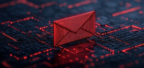 Fototapete - Red envelope digital backdrop concept. A digital representation of a red envelope on a circuit-like background, symbolizing communication or data transfer in a tech environment.