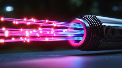 Wall Mural - a long, thin tube with a red and blue light coming out of it. the tube is surrounded by a purple and