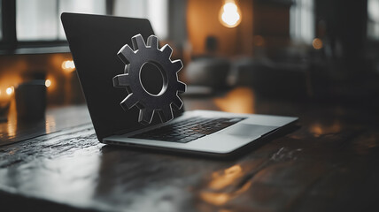 Wall Mural - a laptop with a gear on the screen. concept of technology and the importance of understanding how it