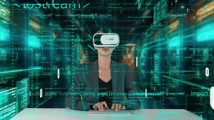 IT developer typing computer code for analyzing intelligent website development coder system data selection by VR innovation interface digital network technology visual hologram server. Contraption.