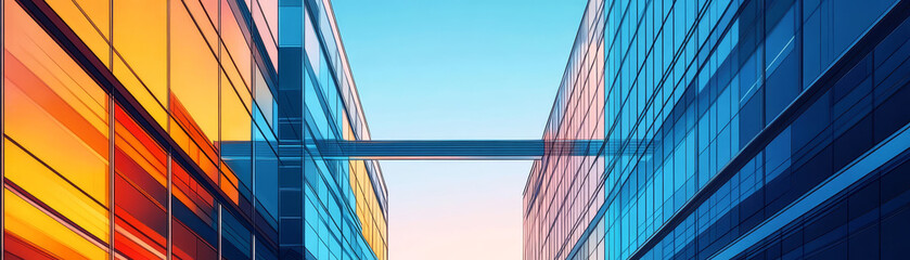 A digital illustration of a leased line internet connection between two modern buildings