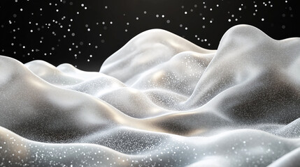 Wall Mural - sparkling white particles falling on abstract silver wavy landscape