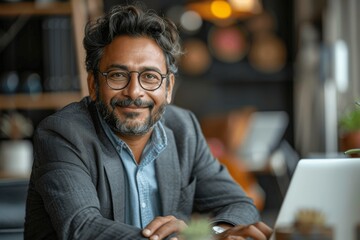Happy Businessman Using Tablet in Modern Office