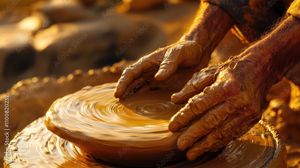 Clay potter's hands shaping wet earth on a spinning wheel. Image ...