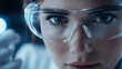 © stock1 - A close-up of a robotic arm delicately holding a test tube, with a researcher in the background wearing safety goggles and observing intently, showcasing precision and cooperation between humans and m