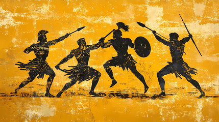 Wall Mural - Greek mythology character silhouettes of warriors fighting on yellow background in ancient amphora painting style, generative ai. Mythology. Illustration