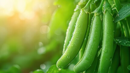 Wall Mural - Fresh green peas glisten with morning dew, hanging from lush vines, illuminated by soft sunlight, showcasing their vibrant color and healthy growth in a natural setting.