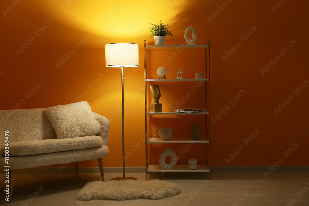 Floor lamp in interior of dark living room