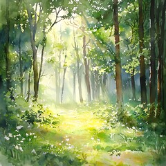 Sticker - Sunlit Watercolor Painting of a Lush Green Forest Path.