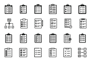 Wall Mural - A set of  checklist and clipboard task icon set outline silhouette icons on a white background