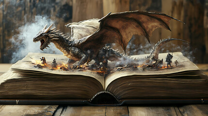 A knight's tale: dragon battle in a book. Mythology. Illustration