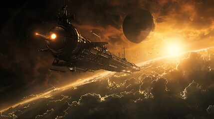 Wall Mural - colossal spaceship soars above a breathtaking golden planet, bathed in the warm glow of a nearby sun