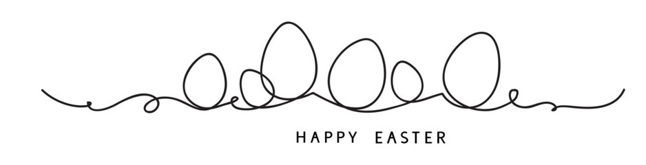 Aufkleber - One line drawing. Abstract decorative horizontal divider with easter eggs. Beautiful hand drawn easter eggs. Happy easter text. Border design element. Vector stock illustration.