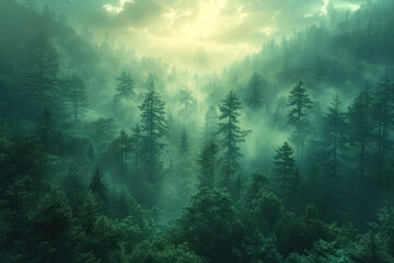  foggy forest at the first rays of the morning sun. Rays of light penetrate through the thick fog, creating a mystical and mysterious atmosphere.