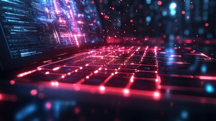 A close-up of a glowing laptop keyboard with a blurred background of a coding screen and glowing particles.