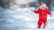 © SUCCESS HOLDINGS - A cheerful child in a red snowsuit and festive hat, laughing and playing in falling snowflakes, surrounded by a bright snowy landscape in a joyful winter setting