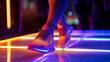 © NiK0StudeO - A woman modeling a pair of high-tech shoes with embedded sensors that adjust cushioning and fit in real-time, standing on a glowing runway,innovation and comfort