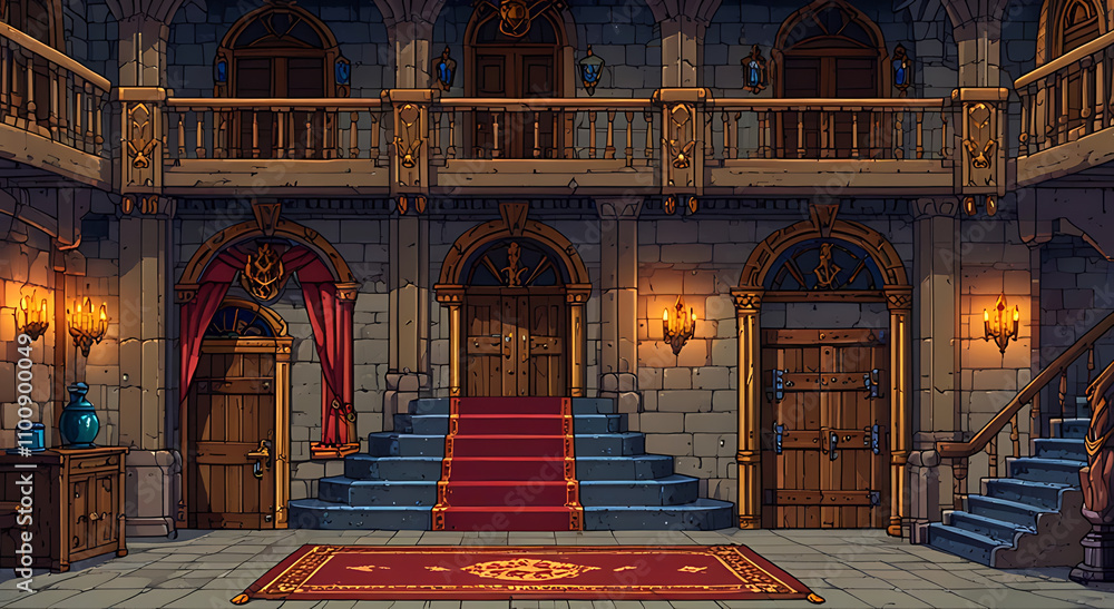 Pixel art castle interior with grand staircases, flickering chandeliers ...