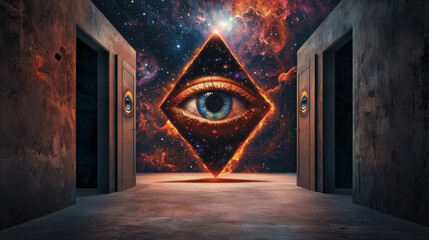 Wall Mural - all seeing eye floating in cosmic space, surrounded by vibrant colors and stars, creates mystical at