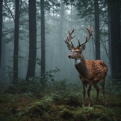 Wall Mural - A graceful deer standing in a misty forest clearing.