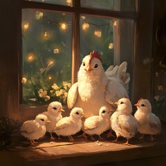 Sticker - Hen and Chicks by the Window: A heartwarming country scene