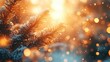 © Avelvet - A snowy pine branch glistens in warm sunlight, surrounded by sparkling bokeh effects.