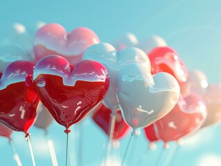 Canvas Print - Heart-shaped balloons floating in the sky. AI.