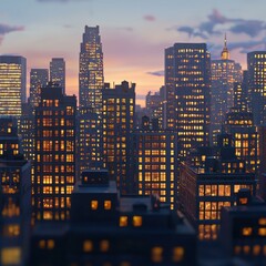 Wall Mural - City skyline at dusk, buildings glowing with warm light. AI.