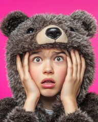 Canvas Print - A surprised child in a bear costume. AI.