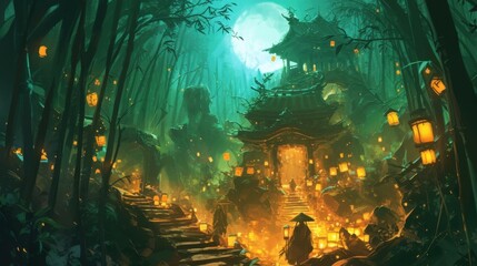 Wall Mural - a mysterious path winding through a dense bamboo forest its twisting vines and organic lanterns cast