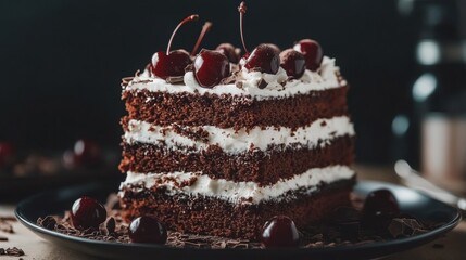 Sticker - Decadent Chocolate Cake with Layers of Cream and Cherries Garnished with Rich Chocolate Shavings on a Round Black Plate Ready to Delight Any Sweet Tooth