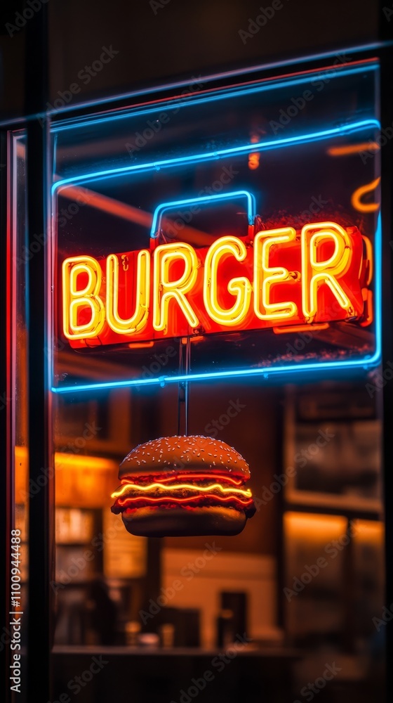 Stock-Foto „Neon Burger Sign: A glowing neon sign with the word 