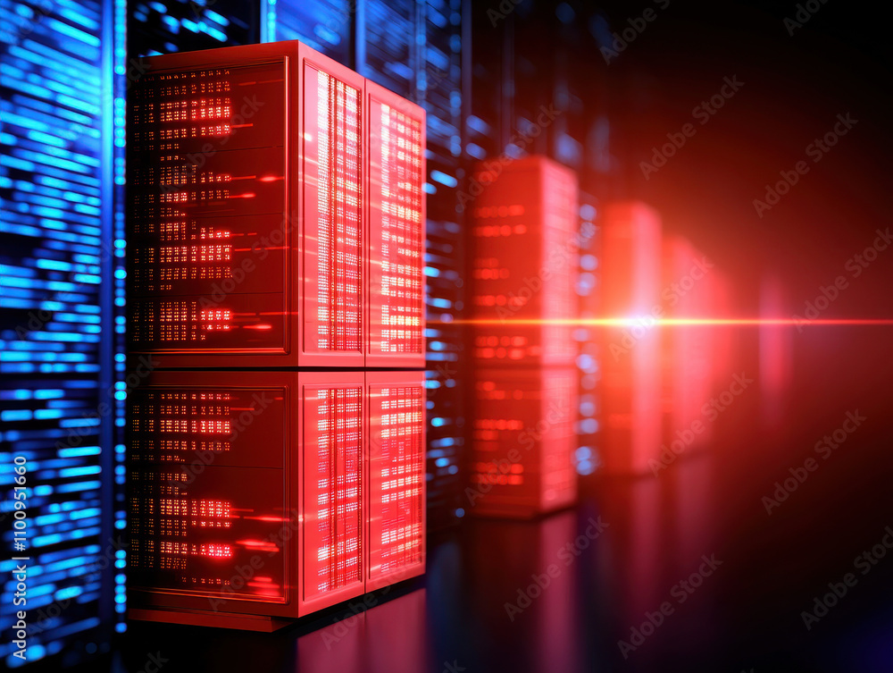 row of glowing red and blue server racks in data center, illustrating ...